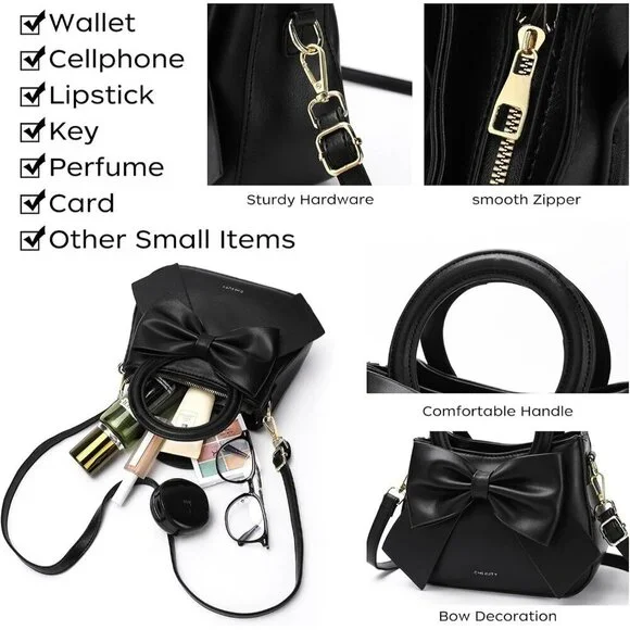 Vegan Leather Crossbody Bag Small Womens Purse with Bow Rope Adjustable